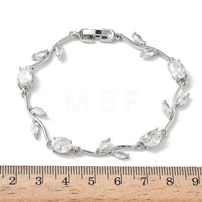 Brass Micro Pave Cubic Zirconia Oval & Leaf Link Chain Bracelets for Women BJEW-G764-05P-02-1