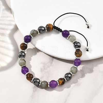Adjustable Natural Labradorite and Tiger Eye and Non-Magnetic Synthetic Hematite Round Braided Bead Bracelets for Womne BJEW-JB13590-1