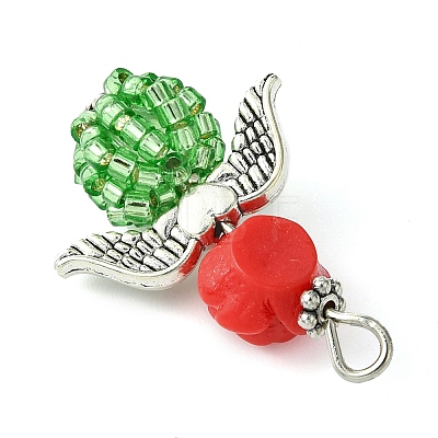 Red Rose Flower Resin & Glass Seed Beads Pendants PALLOY-MZ00289-02-1