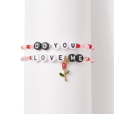 2Pcs 2 Style Word Do You Love Me Plastic Beaded Stretch Bracelets Set with Alloy Enamel Rose Charms BJEW-JB08700-1