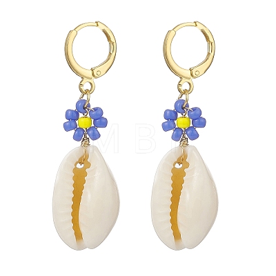 4 Pair 4 Color Natural Cowrie Shell with Glass Seed Flower Dangle Hoop Earrings Set EJEW-TA00177-1