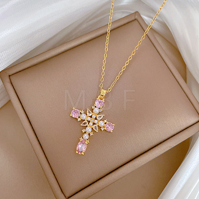 304 Stainless Steel Pave Pink Cubic Zirconia & Faux Pearl Cross Pendant Necklaces for Women WGAE7D3-01-1