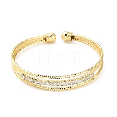 Brass Micro Pave Clear Cubic Zirconia 3-Line Open Cuff Bangles for Women BJEW-M312-06G-1