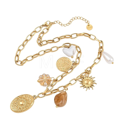 304 Stainless Steel & Resin & Imitation Pearl Multi-Pendant Bib Necklaces for Women SA-CBA717A-02G-02-1