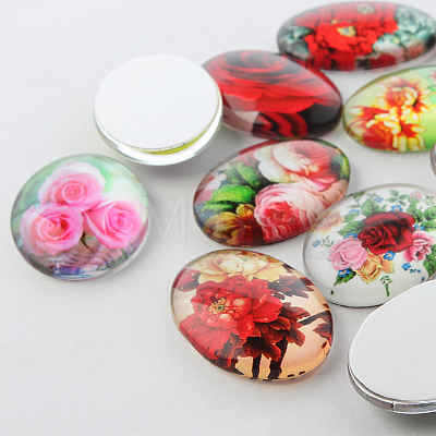 Multi-Color Flower Theme Ornaments Glass Oval Flatback Cabochons X-GGLA-A003-18x25-NN-1