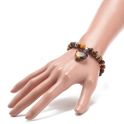 Natural Tiger Eye Round Beaded Stretch Bracelet with Heart Charm BJEW-JB09019-04-1