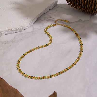 304 Stainless Steel Enamel Green Leaf Link Chain Necklaces for Women OR8327-1