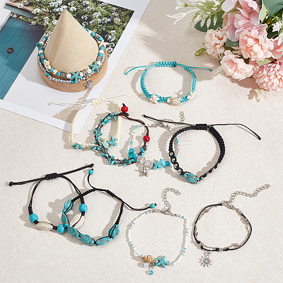 10Pcs 10 Style Synthetic Turquoise & Natural Shell & Seed Braided Bead Bracelet & Anklet AJEW-AN0007-10-1