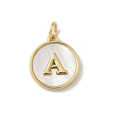 Brass Pave Natural Shell Flat Round with Letter Charms KK-Z115-13G-A-1
