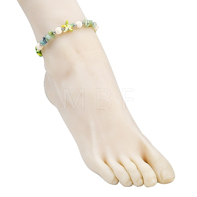 Dyed Synthetic Turquoise Starfish & Natural Flower Amazonite Chip Beaded Anklets with 304 Stainless Steel End Chains AJEW-AN00733-03-1