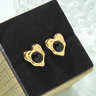 Natural Obsidian & Ion Plating(IP) 304 Stainless Steel Heart Stud Earrings EJEW-A118-04G-01-1