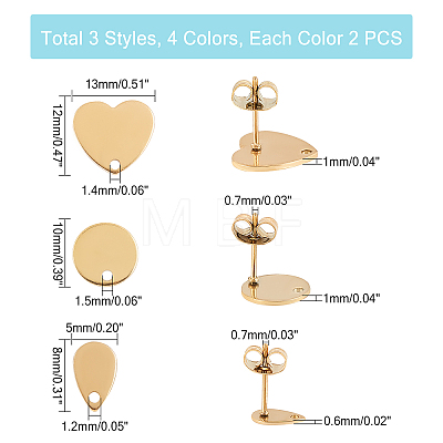 Unicraftale 24Pcs 12 Style 304 Stainless Steel Stud Earring Findings STAS-UN0031-56-1