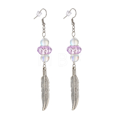 Feather with Round Beads Long Dangle Earrings for Girl Women EJEW-JE04681-1