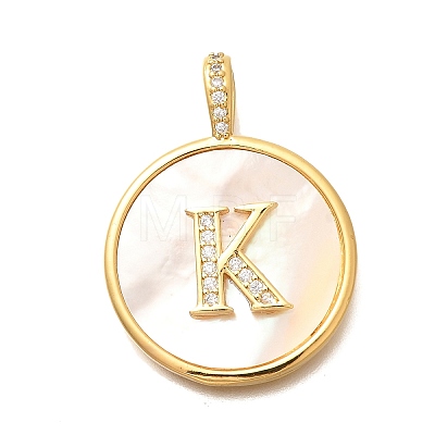 Rack Plating Brass Micro Pave Clear Cubic Zirconia Pendants with Shell KK-M309-42G-K-1