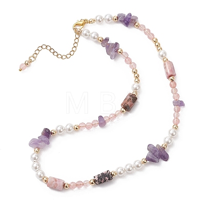 Round Cherry Quartz Glass & Natural Amethyst Chip & Rhodonite Baeded Necklaces for Women NJEW-JN05634-1