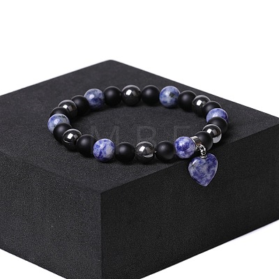 Natual Black Obsidian & Synthetic Non-magnetic Hematite & Natural Blue Spot Jasper Beads Charm Bracelets AC2290-8-1