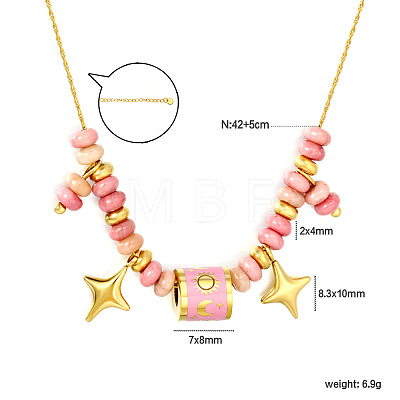 Natural Rhodonite Rondelle Beads and 304 Stainless Steel Enamel Pink Column Star Pendant Necklaces for Women WG97891-03-1