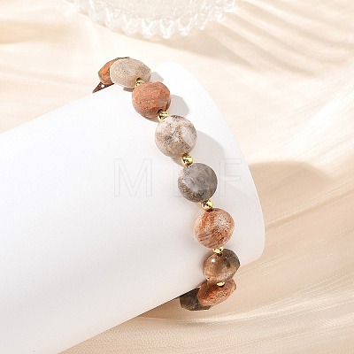 Natural Fossil Coral Faceted Flat Round Beaded Stretch Bracelets with Brass Round Beads for Women BJEW-JB14168-1
