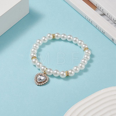 Acrylic Pearl Round Beaded Stretch Bracelet with Alloy Rhinestone Heart Charms for Women BJEW-JB09232-1