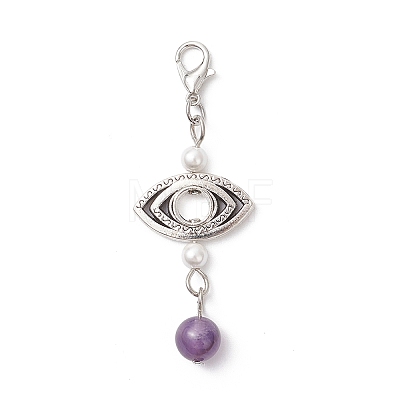 Alloy & Natural Amethyst & Natural Madagascar Rose Quartz & Shell Pearl & Natural Green Aventurine Pendant Decorations HJEW-JM04578-1