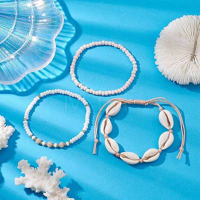 Summer Beach Natural Mixed Cowrie Shell Glass & Alloy Beaded Stretch Bracelet & Braided Bead Bracelets Sets BJEW-JB10838-1