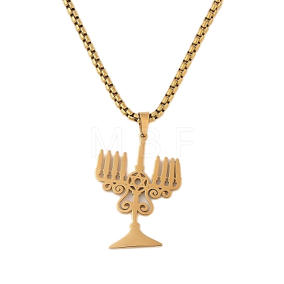 PVD Vacuum Plating 304 Stainless Steel Judaica Temple Menorah Pendant Necklaces NJEW-N055-21G-1