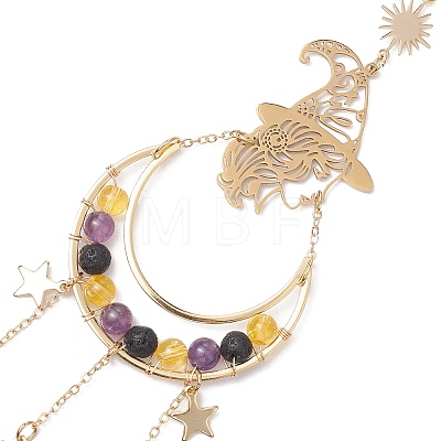 Halloween Natural Amethyst & Lava Rock & Synthetic Citrine Beads & Metal Witch & Moon Hanging Ornaments HJEW-TA00251-1