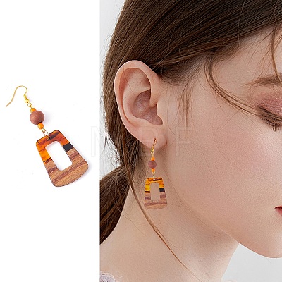 2 Pairs 2 Color Resin & Walnut Wood Trapezoid Dangle Earrings EJEW-SW00014-04-1