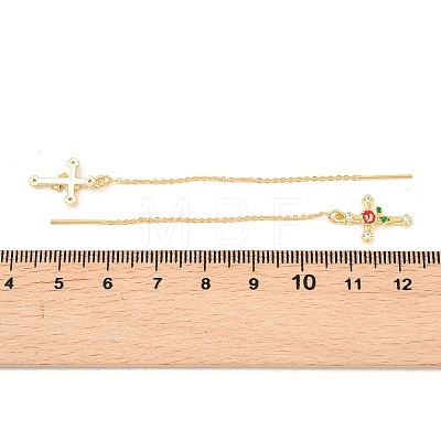 Cross with Flower Brass Clear Cubic Zirconia Ear Thread EJEW-H182-13G-1