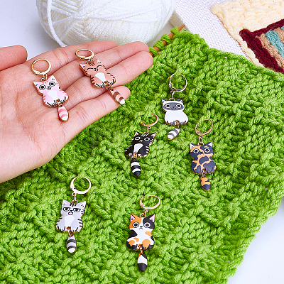14Pcs 7 Styles Alloy Enamel Cat Shape Pendant Locking Stitch Markers HJEW-ME00172-1