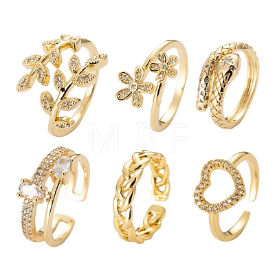 6Pcs 6 Styles Adjustable Brass Micro Pave Clear Cubic Zirconia Cuff Rings RJEW-LS0001-20G-1