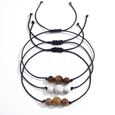 3Pcs Handmade Round Natural Tiger Eye & Wood Lace & Howlite Beads Braided Bead Bracelet Set BW7553-1