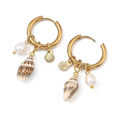Natural Cultured Freshwater Pearl Beads & Spiral Shell Dangle Hoop Earrings EJEW-JE07252-1