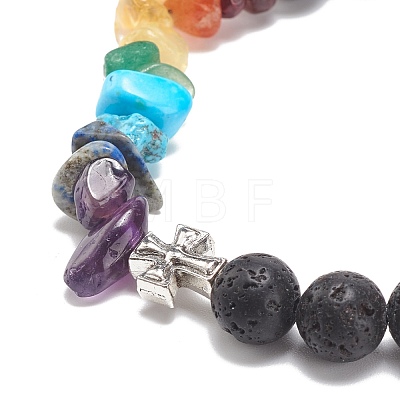 Natural & Synthetic Mixed Stone Chips & Lava Rock & Alloy Cross Stretch Bracelets BJEW-JB08570-1