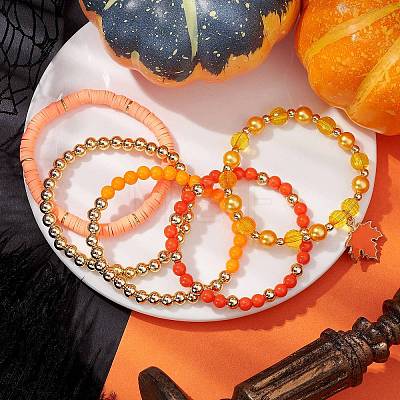 5Pcs 5 Styls Autumn Acrylic & Polymer Clay & Plastic Round Beaded Stretch Bracelet Sets BJEW-JB10972-1