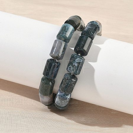 Column Natural Moss AgateBeads Stretch Bracelets for Women Men BJEW-A148-01A-28-1