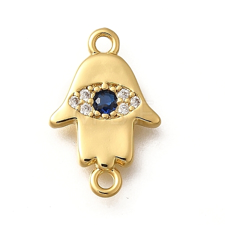 Brass Micro Pave Clear & Blue Cubic Zirconia Religion Hamsa Hand with Eye Connector Charms KK-Q043-10G-1