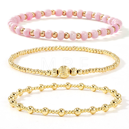 3Pcs Glass & Brass Round Beads Stretch Bracelets HD9470-12-1