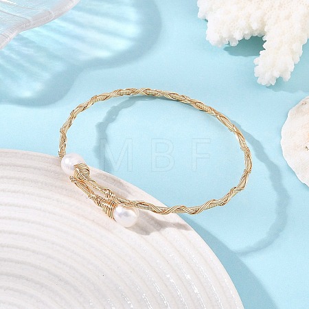 Natural Cultured Freshwater Pearl Rice Wire Wrapped Brass Cuff Bangles for Women BJEW-JB14301-1