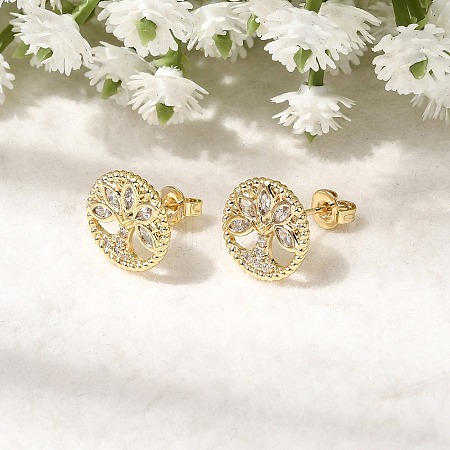 Ring with Tree of Life Pattern Brass Micro Pave Clear Cubic Zirconia Stud Earrings EJEW-G460-02G-1