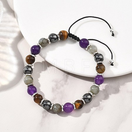 Adjustable Natural Labradorite and Tiger Eye and Non-Magnetic Synthetic Hematite Round Braided Bead Bracelets for Womne BJEW-JB13590-1