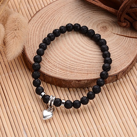 Natural Lava Rock Beaded Stretch Charm Bracelets BJEW-JB02095-02-1