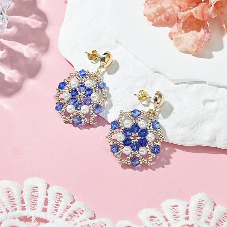 Flower Handmade Glass Seed Beads & Shell Pearl Dangle Stud Earrings EJEW-MZ00361-03-1