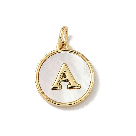 Brass Pave Natural Shell Flat Round with Letter Charms KK-Z115-13G-A-1