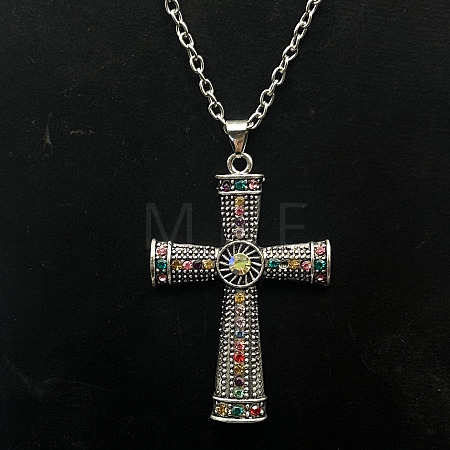 Platinum Alloy Rhinestone Cross Pendant Necklaces NX3454-2-1