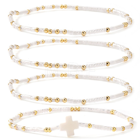 4Pcs Bohemian Summer Cross & Glass Seed Bead Beaded Stretch Bracelet Sets BE5944-6-1