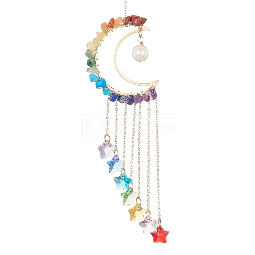 Glass Star & Natural Pearl Pendant Decoration HJEW-JM01183-01-1