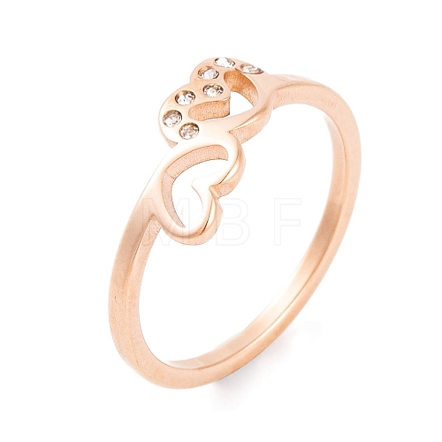 304 Stainless Steel with Rhinestone Heart Finger Ring for Women RJEW-C086-11-RG-1