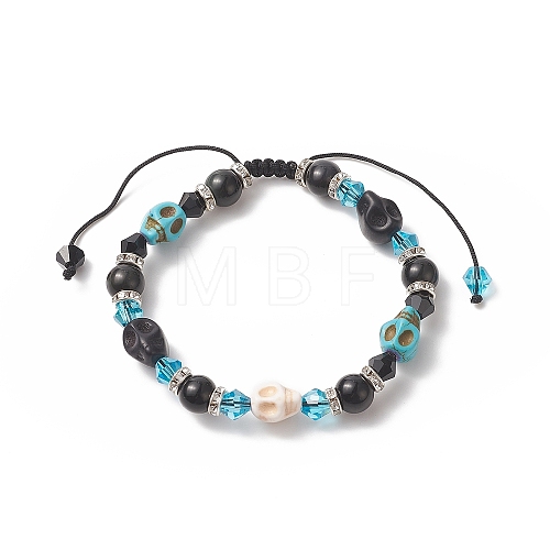 Synthetic Turquoise(Dyed) Skull Braided Beaded Bracelets BJEW-JB09923-01-1