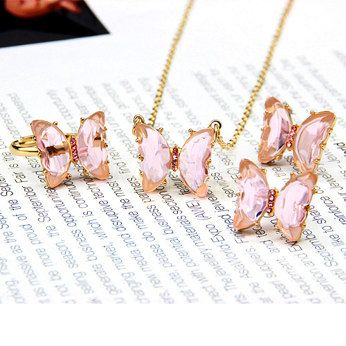 Butterfly Alloy Glass Pendant Necklaces & Stud Earrings & Rings Sets for Women WG31995-15-1